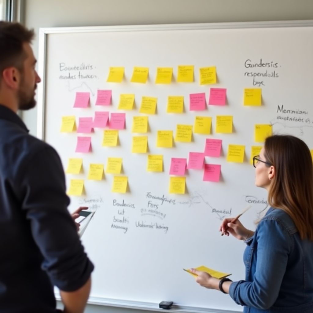 Sesiune de brainstorming cu tablă și notițe